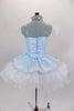 Blue leotard base has separate blue damask bodice with front insert & silver braiding. Tutu overlay is crystal covered white organza with matching blue damask. Comes with crystal tiara. Back