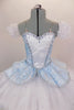 Blue leotard base has separate blue damask bodice with front insert & silver braiding. Tutu overlay is crystal covered white organza with matching blue damask. Comes with crystal tiara. Front zoomed