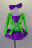 2- piece costume has purple glitter ruffle skirt with large green back bow and layers of white curly hem petticoat. Long sleeved green top has purple center. Comes with crystal buckle accent and purple hair bow. Front