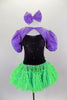 Black bodice is scattered with crystals & has attached skirt with layers of black and lime green ruffled mesh & pink bow. Comes with purple shrug & hair bow. Front