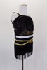Black & gold 2-piece costume has open back half top with black fringe. The  briefs have fringe on hip & gold belt. Comes with gold and crystal hair accessory. Side
