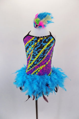 Mardi Gras themed open straped back costume is a colorful leotard with pearls & beads print. The skirt is made entirely of layers of purple & turquoise feathers. Comes with feather hair accessory. Front