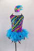 Mardi Gras themed open straped back costume is a colorful leotard with pearls & beads print. The skirt is made entirely of layers of purple & turquoise feathers. Comes with feather hair accessory. Front