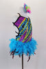 Mardi Gras themed open straped back costume is a colorful leotard with pearls & beads print. The skirt is made entirely of layers of purple & turquoise feathers. Comes with feather hair accessory. Right side