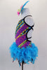 Mardi Gras themed open straped back costume is a colorful leotard with pearls & beads print. The skirt is made entirely of layers of purple & turquoise feathers. Comes with feather hair accessory. Left side