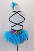 Mardi Gras themed open straped back costume is a colorful leotard with pearls & beads print. The skirt is made entirely of layers of purple & turquoise feathers. Comes with feather hair accessory. Back