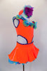 Bright orange velvet one-shoulder dress has open sides with purple crystals. Curly hem ruffles in lime, turquoise & purple accent the neckline & petticoat edge. Comes with ruffled gauntlets and floral headband. Right side