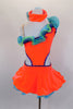 Bright orange velvet one-shoulder dress has open sides with purple crystals. Curly hem ruffles in lime, turquoise & purple accent the neckline & petticoat edge. Comes with ruffled gauntlets and floral headband. Back