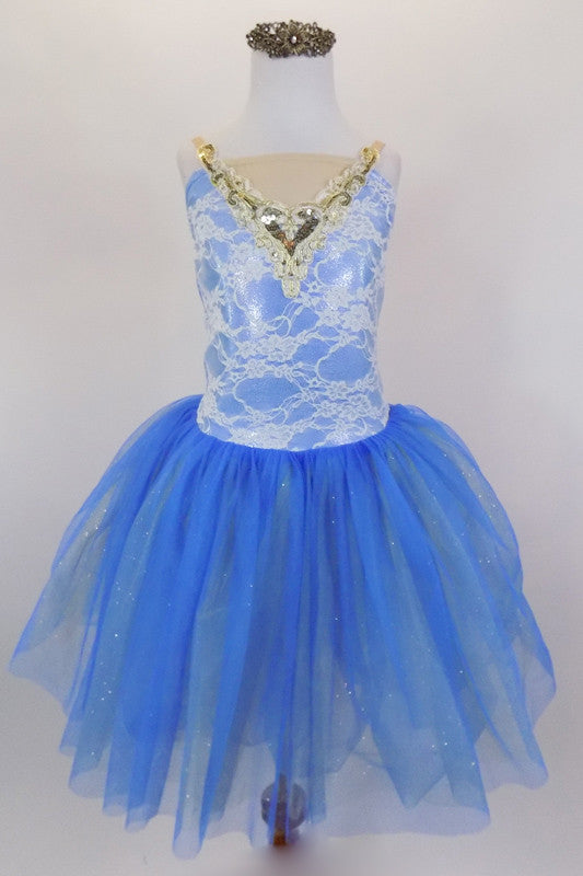 Ivory lace and gold applique sits over top of a shiny blue leotard base with nude straps and nude center insert. Gold and blue crystal tulle, make up the attached romantic tutu. Comes with hair accessory. Front