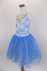 Ivory lace and gold applique sits over top of a shiny blue leotard base with nude straps and nude center insert. Gold and blue crystal tulle, make up the attached romantic tutu. Comes with hair accessory. Side