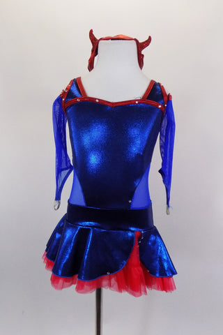 Electric blue metallic dress has red edging & crystals with blue mesh sides. Back has red double straps. & skirt has red petticoat. Comes with devil headband. Front