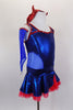 Electric blue metallic dress has red edging & crystals with blue mesh sides. Back has red double straps. & skirt has red petticoat. Comes with devil headband. Side