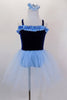 Dark blue velvet ballet dress with pale blue ruffle accent at neckline has attached pale blue tulle skirt &  panty. Comes with pale blue hair accessory. Front