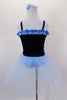 Dark blue velvet ballet dress with pale blue ruffle accent at neckline has attached pale blue tulle skirt &  panty. Comes with pale blue hair accessory. Back