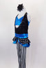 Black deep plunge halter unitard with crystal accents has black & white striped legs & attached turquoise metallic bandeau bra & waist with polka dot peplum. Comes with hair accessory. Side
