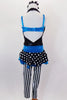 Black deep plunge halter unitard with crystal accents has black & white striped legs & attached turquoise metallic bandeau bra & waist with polka dot peplum. Comes with hair accessory. Back
