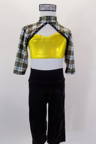 Black silver and gold tartan ¾ sleeved, crystal  half top has peek-a-boo gold sweetheart bra. Comes with black shiny capri pants and black leather hat. Front