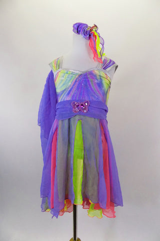 Pastel rainbow leotard has silver banding, gathered shoulder straps & empire waist skirt in strips of pastel chiffon. Comes with lavender scarf & scrunchie. Front