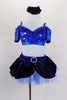 3-piece, electric blue costume has all sequined bralette with blue cap sleeves & straps. Skirt is layers of blue tulle with black velvet glitter overlay. Front