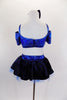 3-piece, electric blue costume has all sequined bralette with blue cap sleeves & straps. Skirt is layers of blue tulle with black velvet glitter overlay. Back