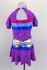 2-piece, purple-pink stripe costume with silver fleck, has pouf sleeve top. Bust and waist have bands of periwinkle-blue-pink, & silver bow. Has matching skort. Comes with matching hair scrunchie. Back