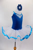 Teal velvet ballet tutu dress with beaded applique has attached white tulle bottom with teal ribbon edge Back has a design of looping cross straps. Comes with matching floral hair accessory. Side