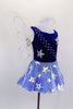 Leotard dress has navy front & nude mesh back with attached white sheer fairy wings and star covered skirt. Torso that has silver star appliques and crystals.Comes with white fairy hair wreath with ribbons. Right side