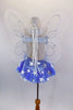 Leotard dress has navy front & nude mesh back with attached white sheer fairy wings and star covered skirt. Torso that has silver star appliques and crystals.Comes with white fairy hair wreath with ribbons. Back