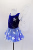 Leotard dress has navy front & nude mesh back with attached white sheer fairy wings and star covered skirt. Torso that has silver star appliques and crystals.Comes with white fairy hair wreath with ribbons. Left side
