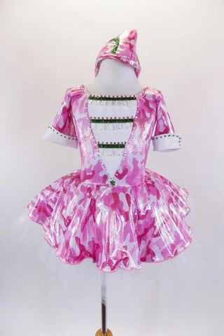 Pink camouflage army themed dress has white center inlay with eyelet ruffles, green ribbon & pink crystal accents sleeves have cuffs with with green crystals. Comes with matching army style hat. Front