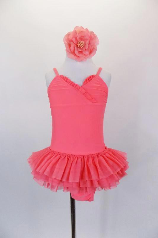 Coral, camisole leotard dress has pinch front and layers of soft muslin for the skirt. Comes with matching hair accessory. Front