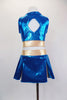 Two piece turquoise & gold cheerleader themed costume has large crystaled “K” at the front & peek-a-boo hole at the back. Comes with matching pleated skort. Back