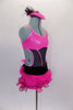 Pink & black velvet polka dot costume has mesh skirt & matching bust area. The black mesh torso has pink crystaled banding. Back has velvet bow & pink feathers. Comes with matching hat accessory, Side