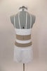 White faux leather halter leotard dress has attached skirt & choker collar with three straps that attach to the bodice. Nude sheer mesh exposes midriff. Has crystal ring accents & hair accessory. Back
