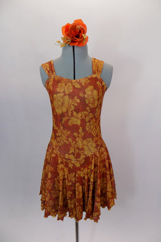 Flowy, glitter tank stretch dress has wide shoulder straps & gathered front bodice. Base is burnt orange with amber leaves & berries and gold fleck. Comes with matching hair scrunchie. Front