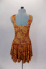 Flowy, glitter tank stretch dress has wide shoulder straps & gathered front bodice. Base is burnt orange with amber leaves & berries and gold fleck. Comes with matching hair scrunchie. Back