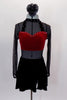 Black sheer leotard has long sleeves, closed neck and open back. Red velvet bust is attached & lined with crystals. Attached skirt is black velvet with slits. Comes with hair accessory. Front