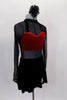 Black sheer leotard has long sleeves, closed neck and open back. Red velvet bust is attached & lined with crystals. Attached skirt is black velvet with slits. Comes with hair accessory. Side