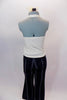 Black straight leg pant has cream & grey pinstripes has waistband that clasps at side with accent button. Black chiffon pleated blouse sits over glittery cream halter top. Comes with hair accessory. Back without blouse