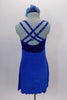 Royal blue empire waist leotard dress has crystal covered velvet bodice with double cross back straps. Skirt is a textured crepe stretch that flows nicely. Comes with large floral hair accessory. Back