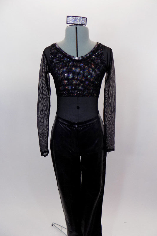 Black faux leather straight leg pant is accompanied by a black sheer long sleeved leotard with a black & silver sparkle racer-back bra. Comes with hair barrette. Front
