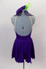 Purple sparkle fully lined halter leotard has green and purple sequined lapel collar. Comes with matching purple skirt, purple gauntlets & pill hat. Back