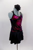 Shades of reds and burgundy with silver glitter patches is the base of this camisole, cross back top. The bottom is black briefs with black skirt. Comes with hair accessory. Side