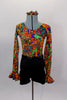 Short unitard with Mexican inspired print scoop neck top has long flounce sleeves. The waistband is accented with a thick band of black sequins. Comes with hair scrunchie. Front