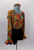 Short unitard with Mexican inspired print scoop neck top has long flounce sleeves. The waistband is accented with a thick band of black sequins. Comes with hair scrunchie. Side