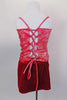 2-piece costume has crimson metallic camisole half top with starburst pattern that laces up at back. Matching red velvet skirt has side slits & attached brief. Comes with matching hair accessories. Back