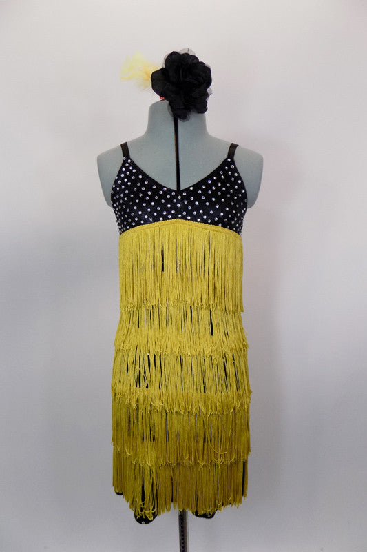Black flapper dress is covered  entirely with crystals and has layers of golden flapper fringe . Comes with matching hair accessory. Front