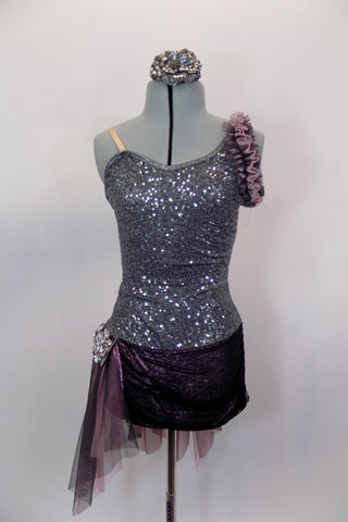 Pewter sequined camisole one shoulder dress has skirt with side-back bustle in ruffled layers of charcoal & blush mesh. Has jeweled hip accent & hair accessory. Front