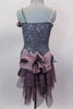 Pewter sequined camisole one shoulder dress has skirt with side-back bustle in ruffled layers of charcoal & blush mesh. Has jeweled hip accent & hair accessory. Back