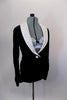 Black velvet blazer has white button & white crystaled lapels. Below the blazer is a shimmery white lace bra with black underlay. Comes with black velvet briefs. Right side